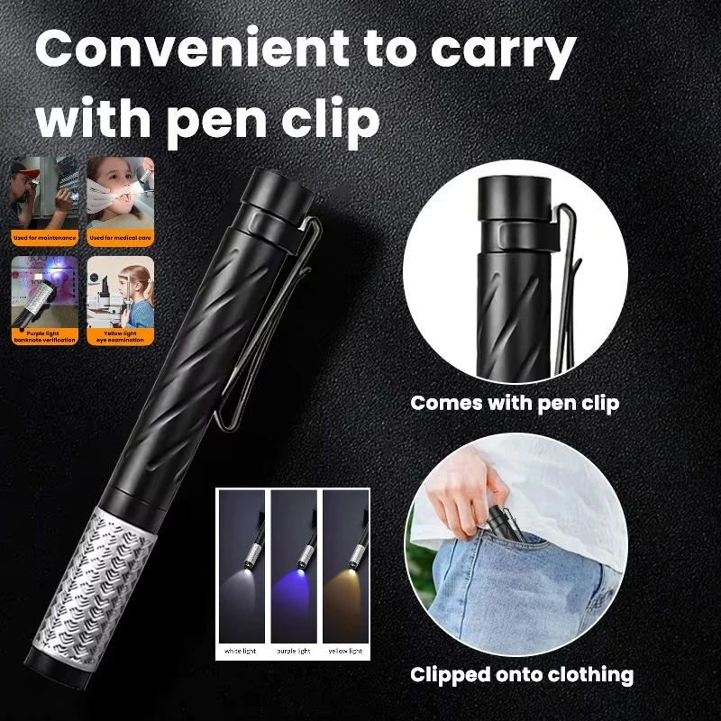 

DT006 Rechargeable Pen Flashlight 3-Color LED Pocket Light Waterproof Bright Outdoor Work Inspection Birthday Gift