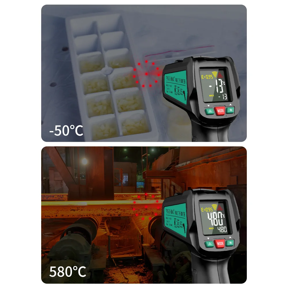 MASTFUYI 고정밀 13레이저 점 LCD 적외선 온도계 -50°C~580°C 디지털 비접촉 산업용 온도계