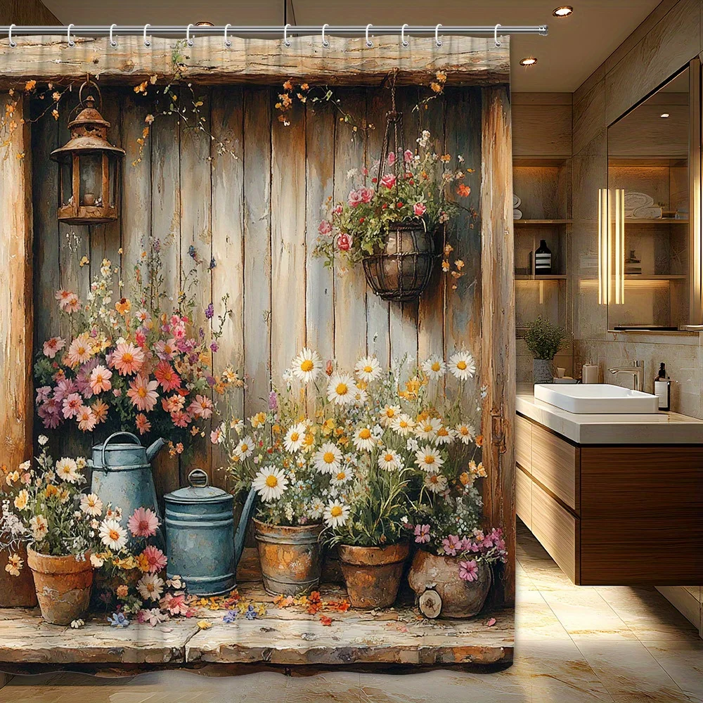 1pc Vintage Garden Shelf Shower Curtain - Rustic Floral Design with Potted Flowers, Wooden Wall & Lanterns, Polyester Fabric Bat
