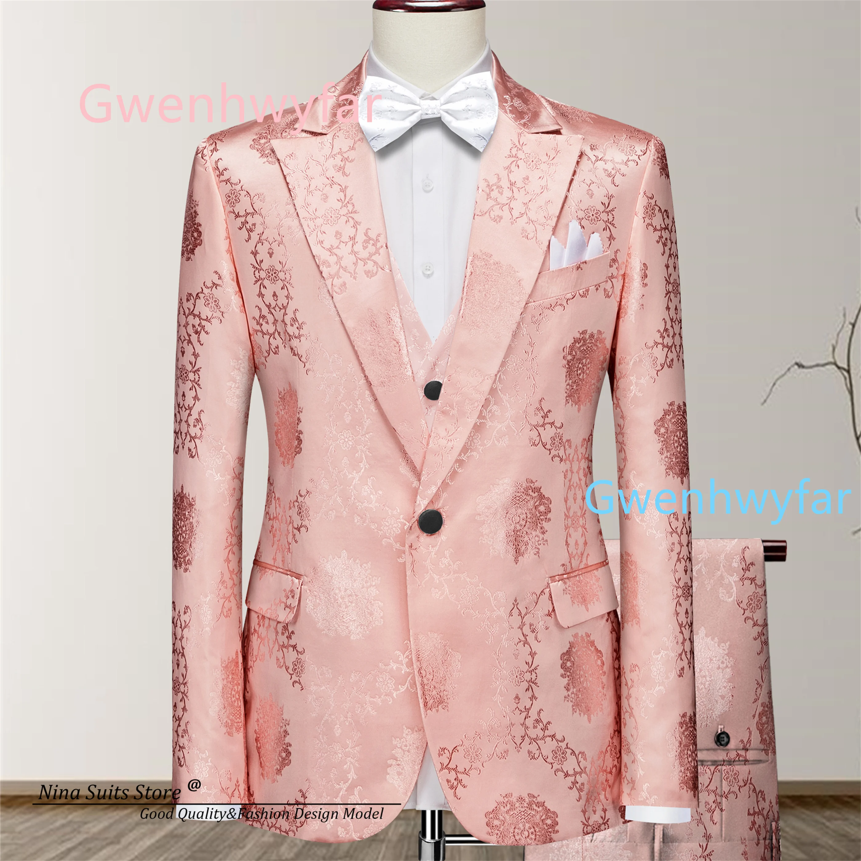 

G&N 2026 New 3 Pieces Set Men Party Suits in Peach Pink Jacqaurd Costume for Topic Wedding Groomsmen Party Tuxedos Double Vent