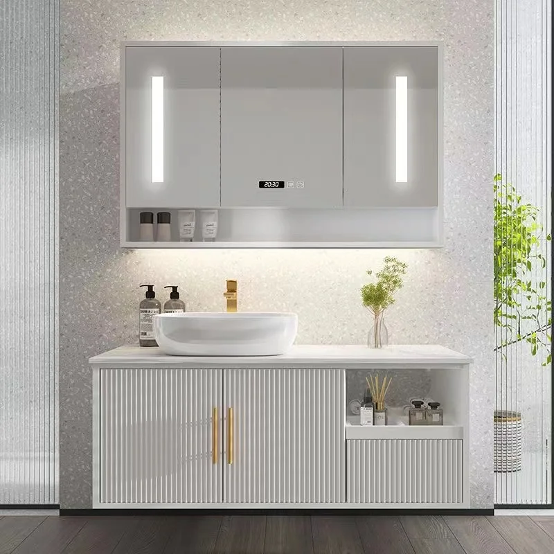 #Luxury modern large double wash basin white smart mirror cabinet combination light bar rock slab bathroom