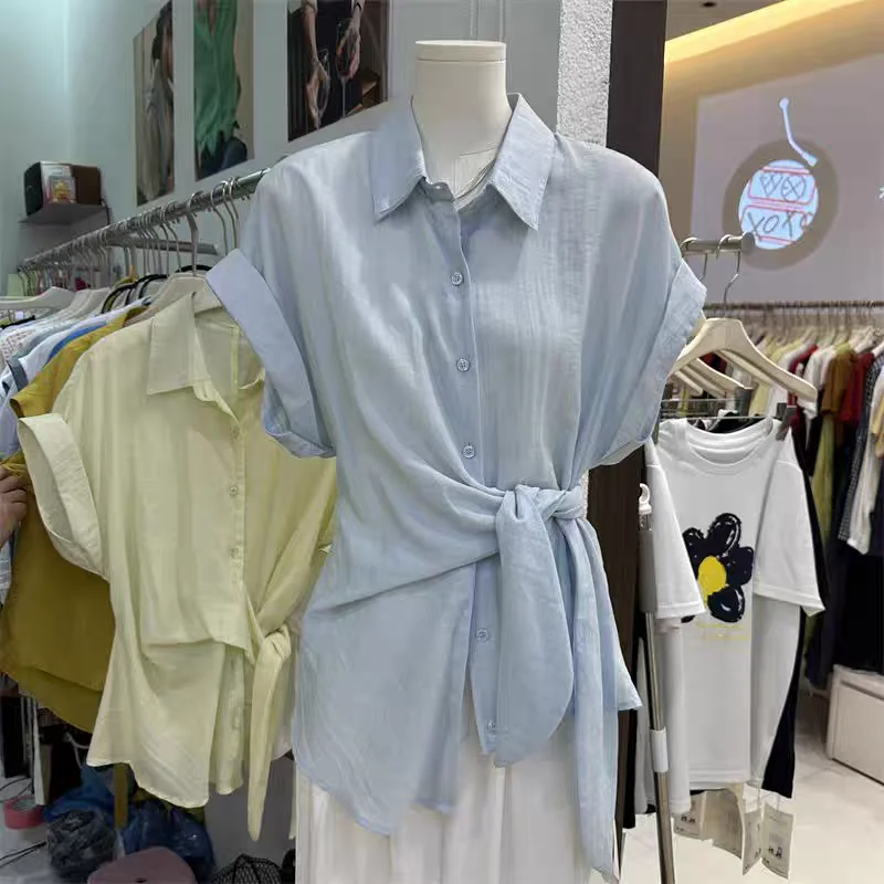 Camisa de manga corta estilo coreano para mujer, elegante, entallada, con cintura ceñida, moderna, novedad de verano, camisa ...