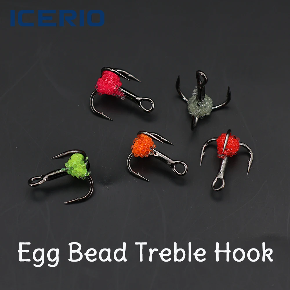 ICERIO 10PCS Lifelike Egg Bead Treble Hooks Glow Ice Fishing High Carbon Steel Sharp Barbed Fishing Hooks for Trout & Salmon