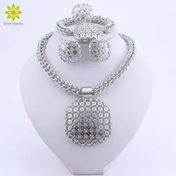 Dubai Silver Color Jewelry Set Women Big Pendant Necklace Fashion Nigerian Wedding African Crystal Costume Bridal Jewelry Set