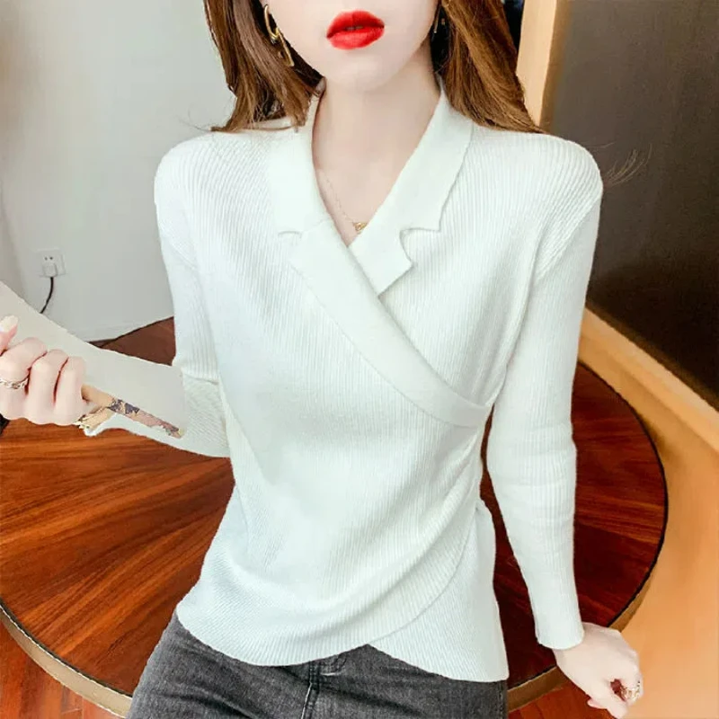 Autumn Fashion Elegant Sweater Pullover Simple Asymmetric Cross V-neck Long Sleeved Women\'s Solid Button Slim Versatile Knit Top