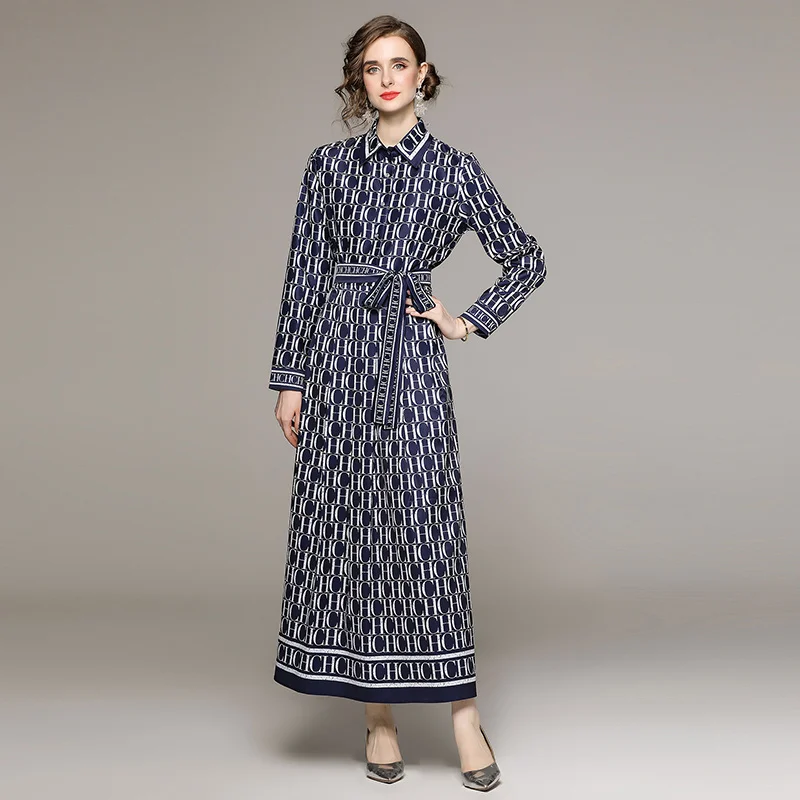 2024 Autumn/Winter New Women\'s Blue Silk Polo Collar Long Sleeve Dress with Letter Printed Loose Waist and Knee length Skirt