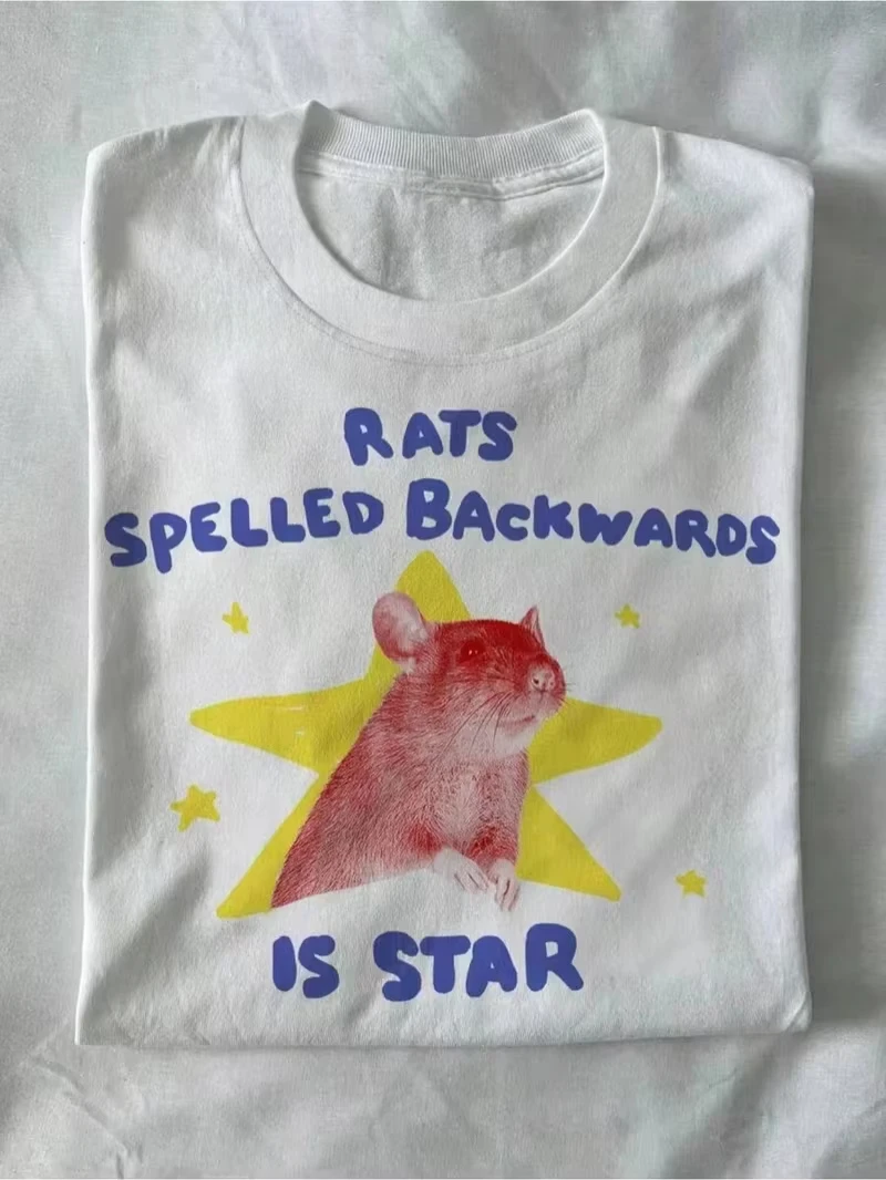 Funny Rat Star Graphic T Shirt Men Women Cute Rats Spelled Backwards Pun Print White Oversized Unisex Summer Casual Short Sleeve
