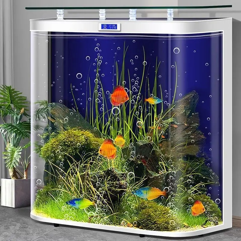 Hot bending living room fish tank medium and large living room household floor-to-wall goldfish tank self-circulation explosion-