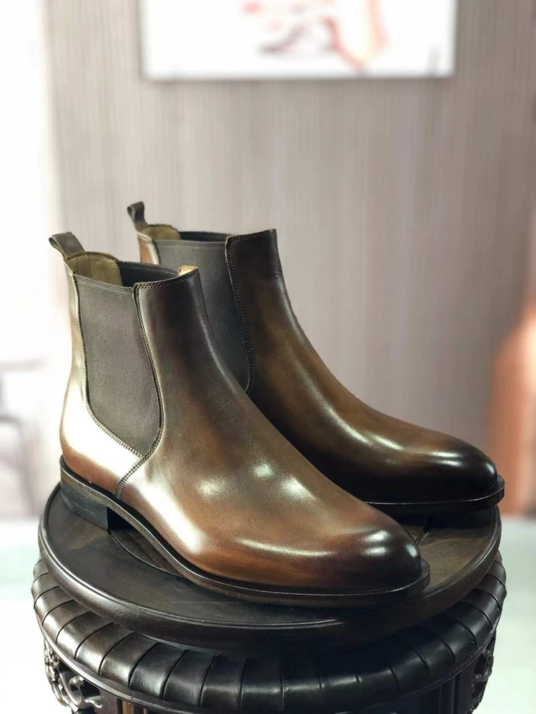 cie round toe full grain calf leather chelsea boot patina brown handmade leather out-sole ankle boots MA03