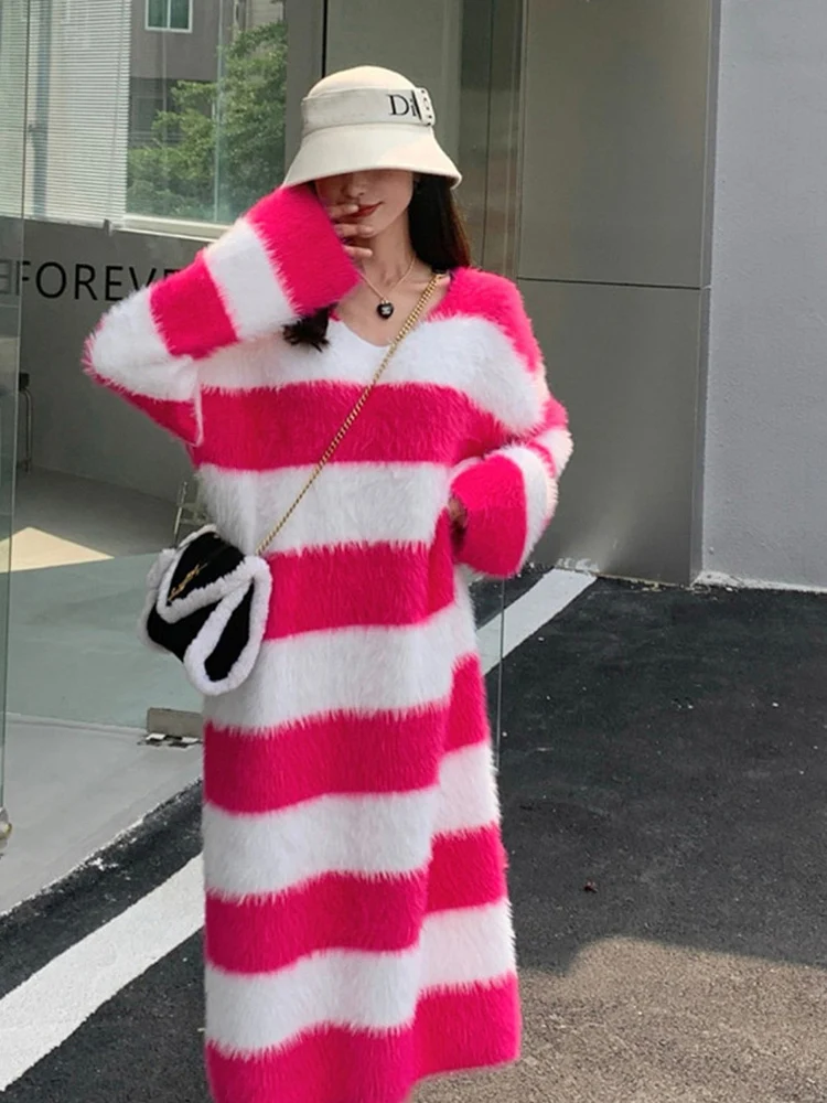 LANMREM Fashion Striped Mink Knit Dress Women\'s O-neck Long Sleeves Thickened Long Dresses 2024 Autumn Winter New 2Z2562