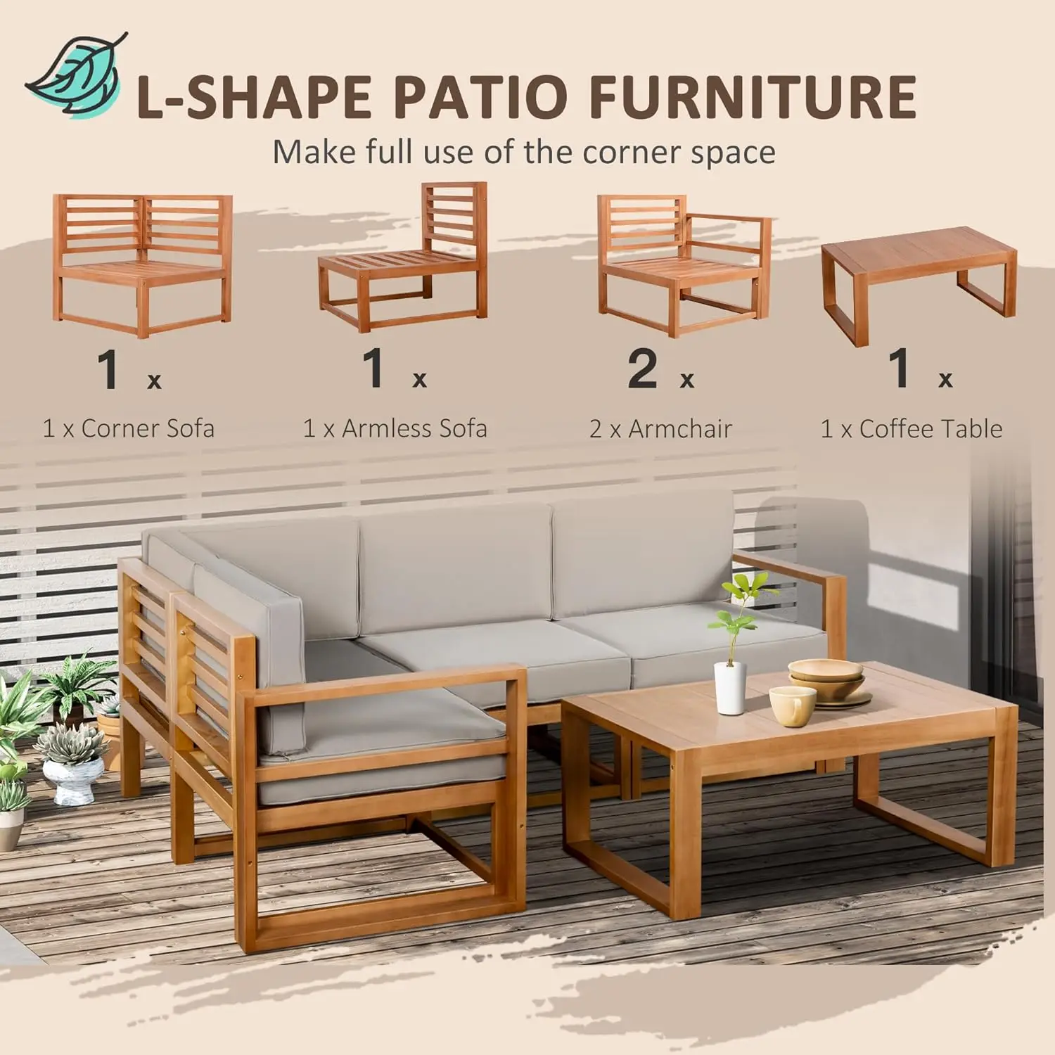 Outsunny-Ensemble de meubles en forme de L, table basse et coussins, canapé sectionnel extérieur en bois, ensemble de conversation, 4 places