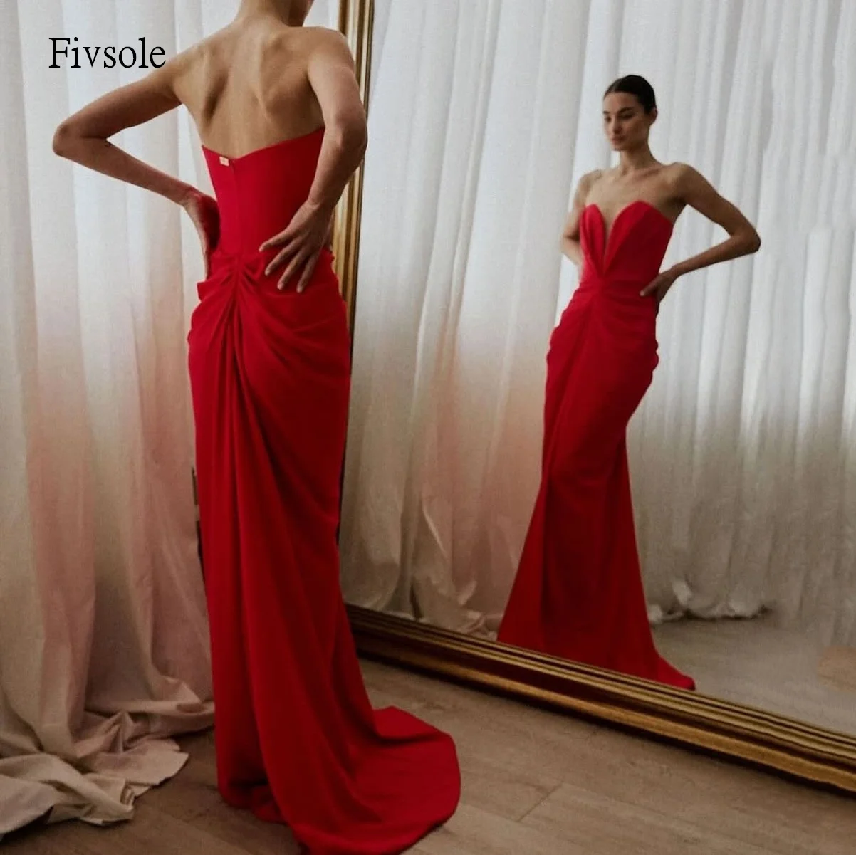 

Fivsole Sexy Red Mermaid Prom Gowns Sweetheart Neck Backless Party Gown Floor Length Evening Dress vestidos de festa Customized