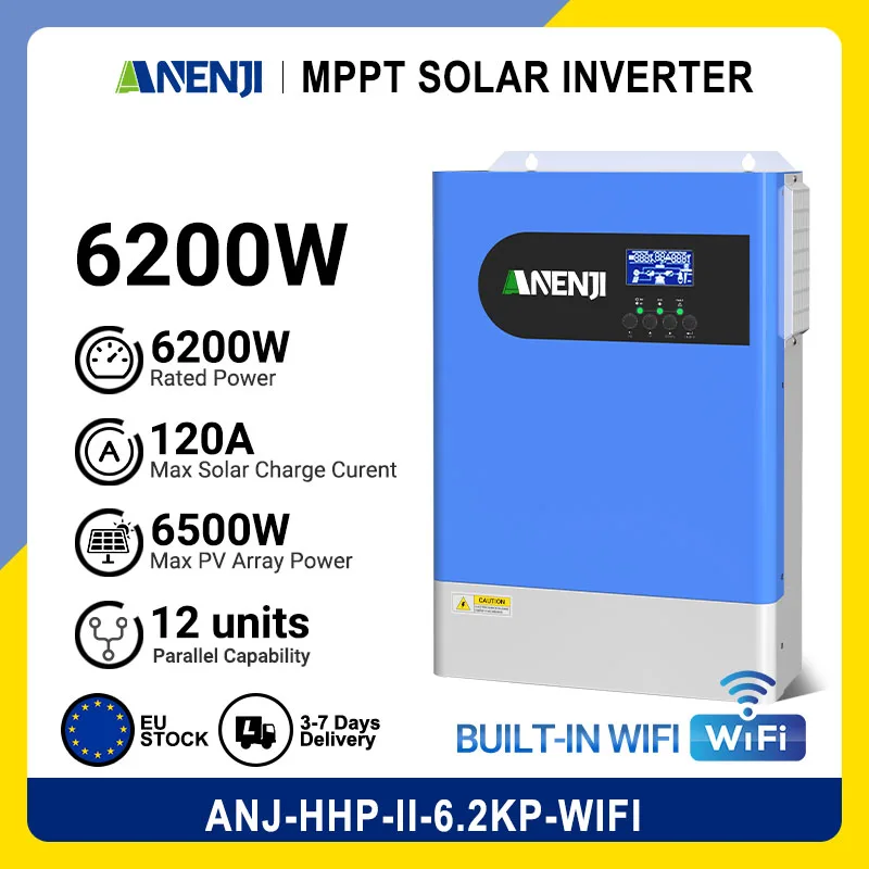 ANENJI 6200W Hybrid-Solar-Off-Grid-Wechselrichter 48V 220V MPPT 6500W 120A 500V PV-Ladegerät mit integriertem WLAN, reiner Sinus-Solarwechselrichter