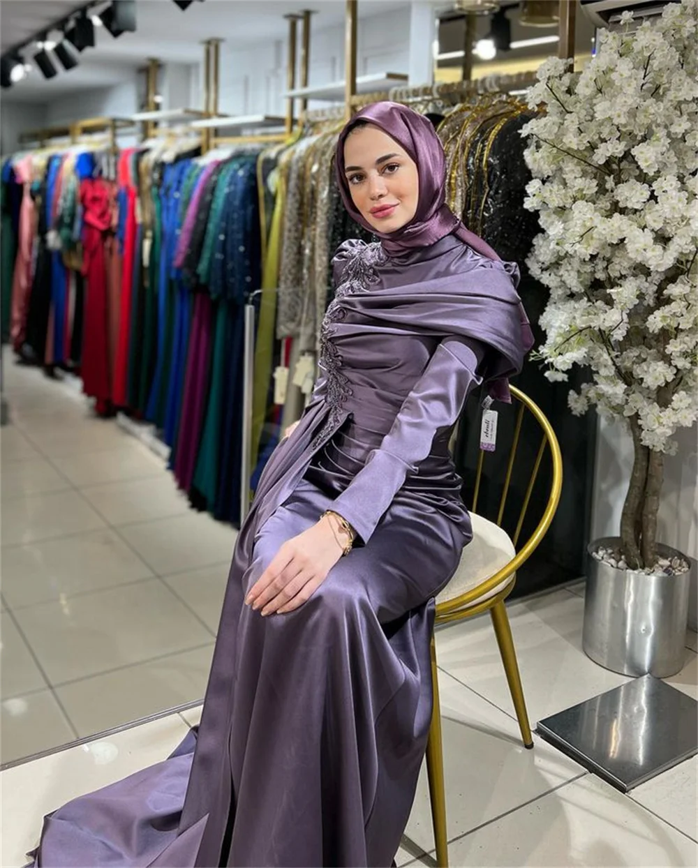 Sansa Purple Satin فساتين سهرة Pleats Modest Mermaid Prom Dresses Elegant Long Sleeves Floor-Length Long Train Saudi Arabia 2024