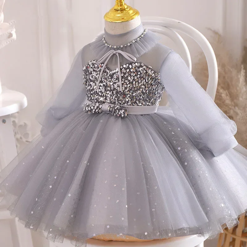 Flower Girl Dress Elegant Sequin Grey Dresses Todder Girls 1 Year Birthday Infant Ball Gown 2024 Baby Children Boutique Clothing