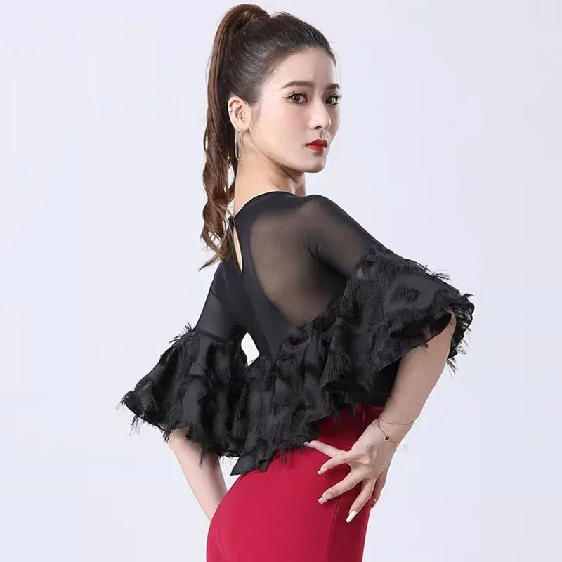 2023 New Half-sleeved Waltz Blouse Women Modern Dance Clothes  Bodysuit Ballroom Latin Dance Leotard Tops