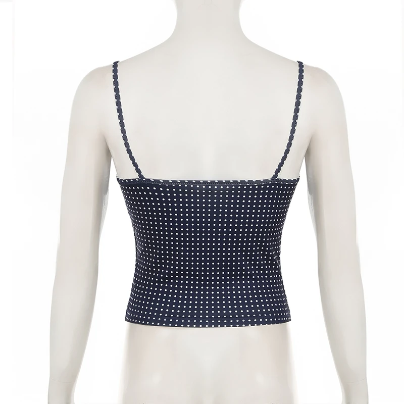 SUCHCUTE Coquette Retro Damen Polka Dot Camisole V-Ausschnitt Spitzenbesatz Spaghettiträger Gerafftes Slim Fit Blaues Y2K Ausgeh-Crop-Tanktop – Detail 5