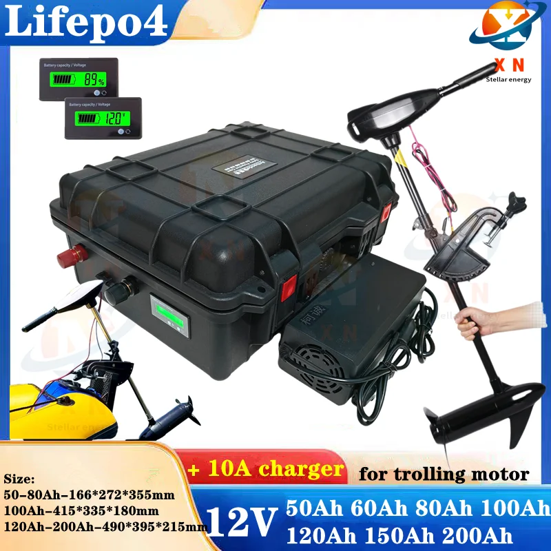 Waterproof Lifepo4 24V 50Ah 60Ah 80Ah 100Ah 120Ah 150Ah 200Ah Lithium Battery With Bms For Trolling Motor Propeller +10A Charger