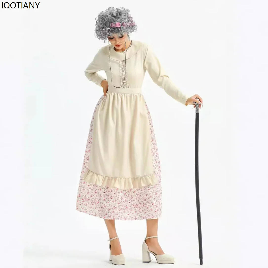 

Halloween Adult Old Granny Cosplay Costumes Women Funny Manor Maid Fancy Dress Carnival Party Stage Performance Floral Dress Up