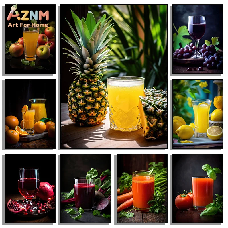 AZNM Fresh Fruit Juice Wine Canvas Poster Frameless Wall Art Pineapple Orange Pomegranate Vegetable Drink Print For Cafe Kitchen