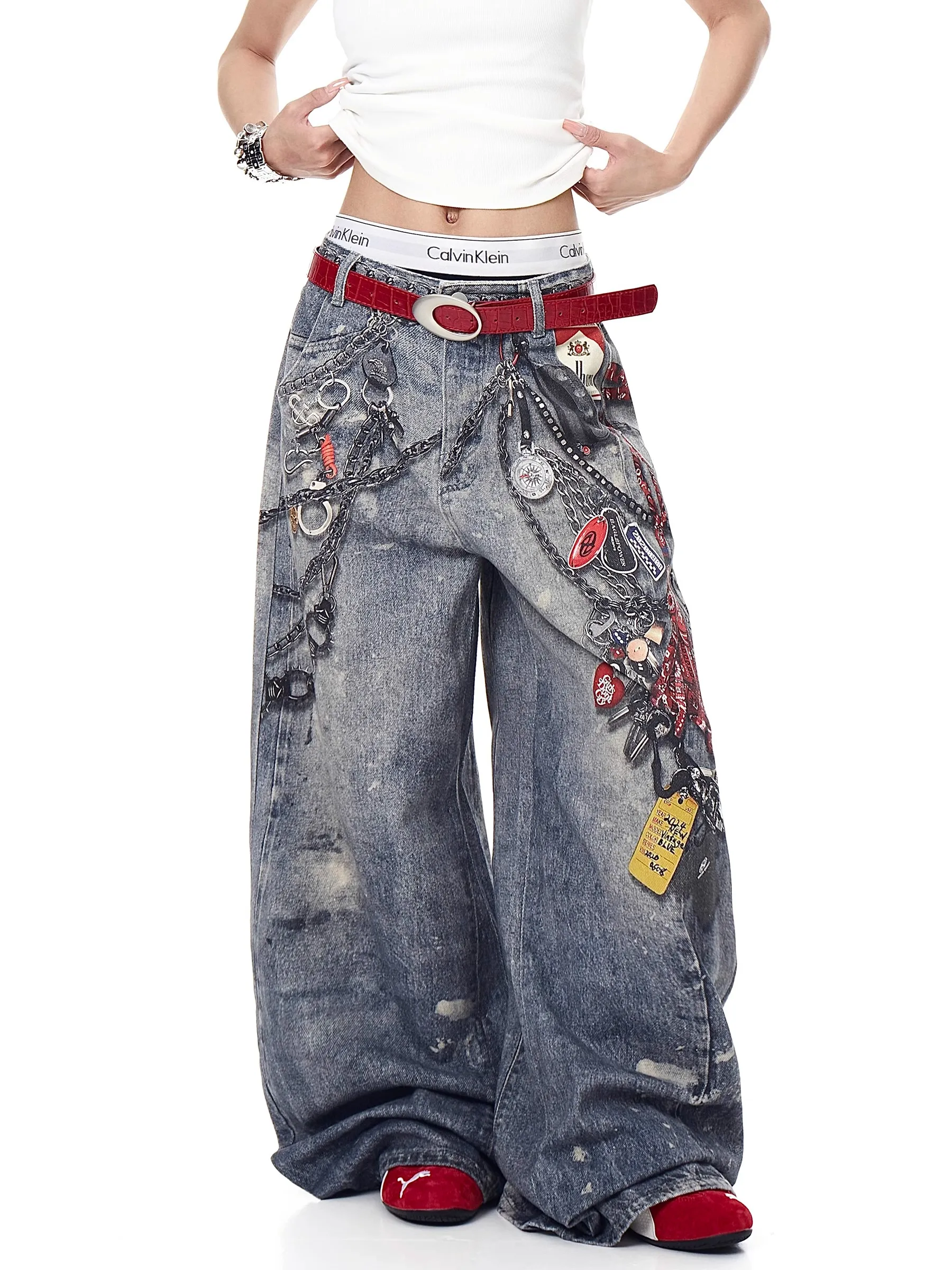 

Women's Blue 3D Chain Printing Y2k Street 2000s New American High Street Jeans Loose Wide-Leg Straight Pants Trendy Floor Pants