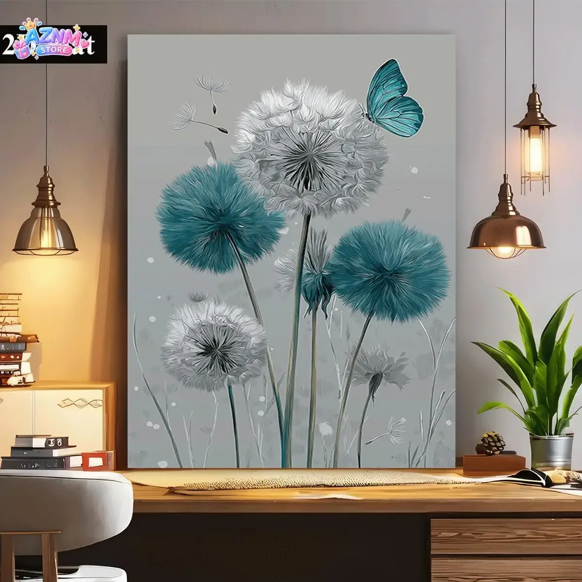 2D Flat, 2D Flat 1pc Teal And Gray Dandelions with A Silvery Butterfly Vibrant Canvas Painting Unframed Canvas Poster for Ind