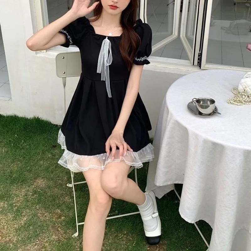 Lolita Sweet 2024 Summer New Women\'s Minimalist Square Collar Lacing Spliced Lace Puff Sleeve Fashion Slim Chic A-Line Dress