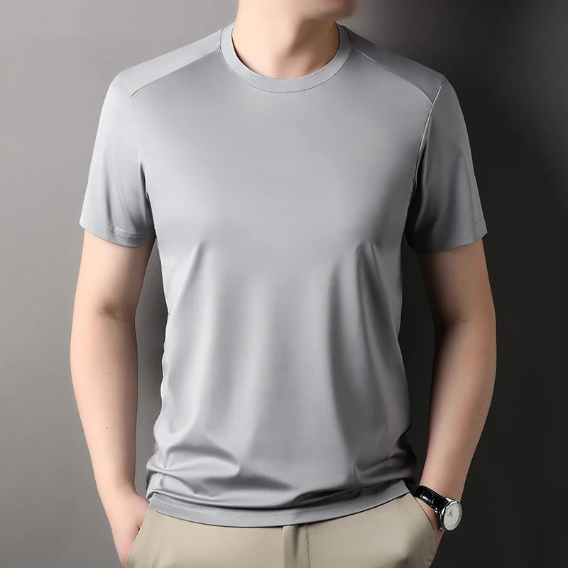 High quality solid color round neck men\'s short sleeved T-shirt 2024 summer comfortable silk ice feeling casual business