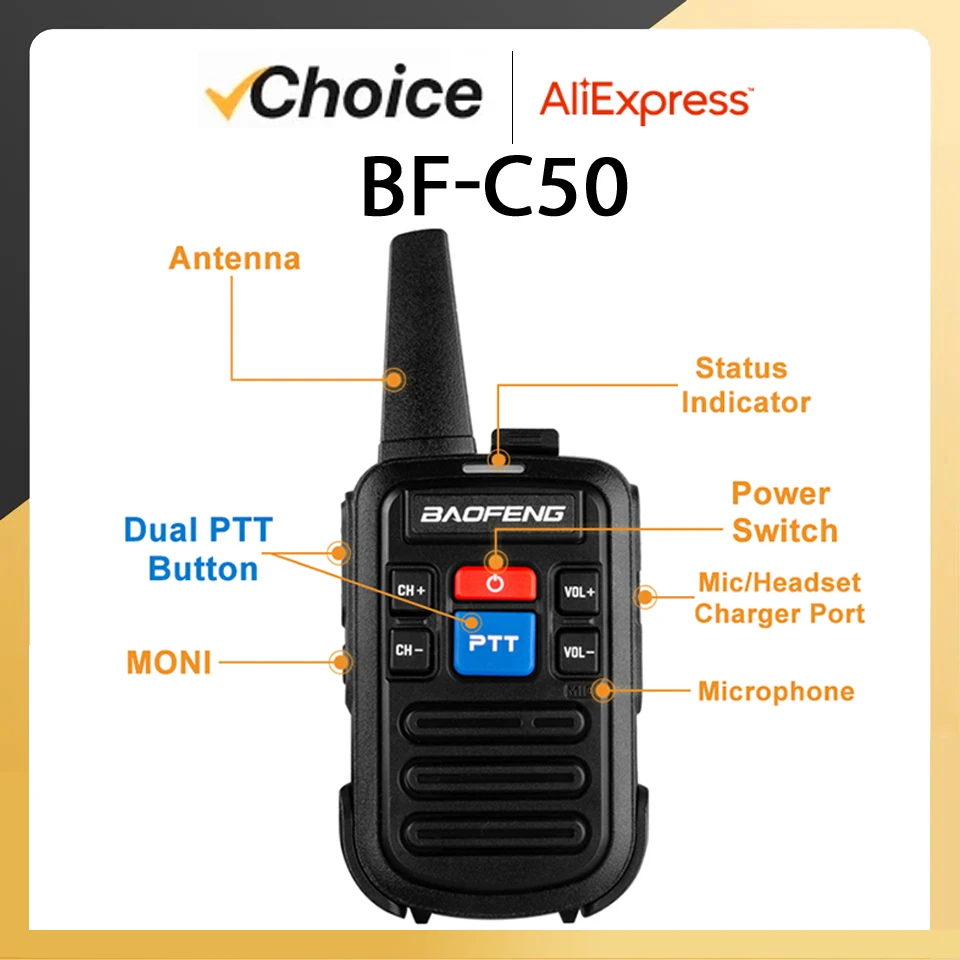 Baofeng BF-C50 Mini Walkie Talkie  UHF Dual PTT Type-C Charger Child Intercom HF Transceiver Protable CB Ham Radio