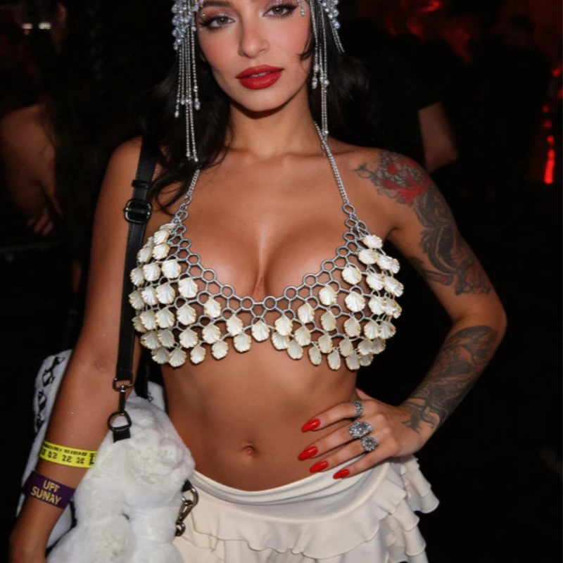 

Music Festival Outfit Handmade Women Shell Hollow Out Bralette Sexy Halter Body Chain Seashell Bikini Top