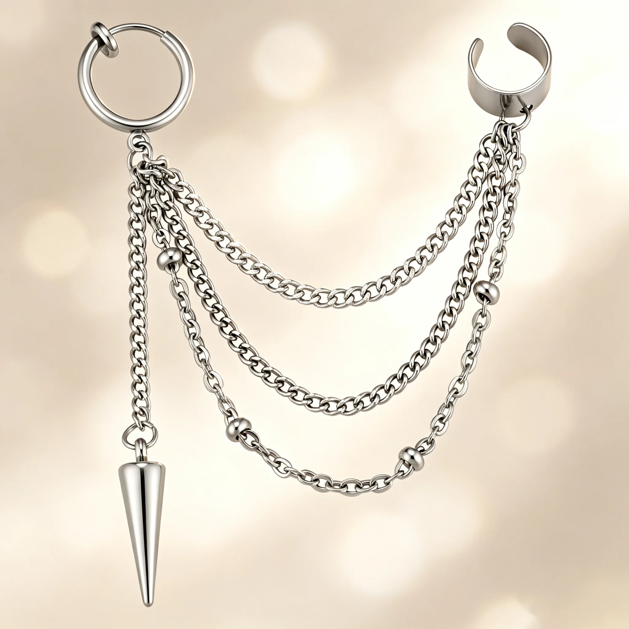 Mehrschichtige Ketten-Ohrklemme mit Quasten und Spikes, Ohrringe ohne Piercing, Clip-Fransen-Kegel-Ohrringe für Damen und Herren, Punk Gothic Ohrschmuck