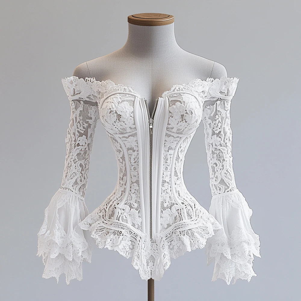 Women's Sexy Off Shoulder Lace Hollow Out Corset Blouse Zipper Back Flare Long Sleeve Elegant High Street Fashion Tube Top