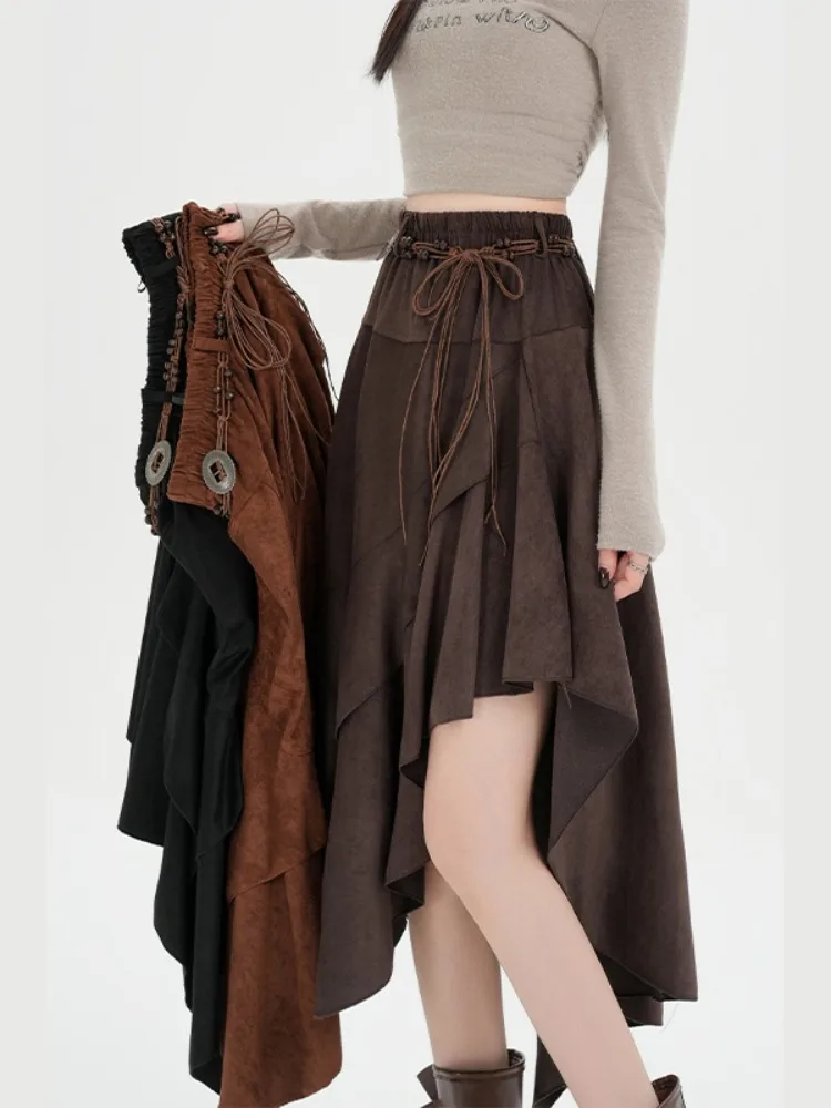 

Retro Deer Skin Velvet Asymmetrical High Waist Belted Midi Skirt Women's Autumn Winter New Sle A-Line Gown Casual Skirt