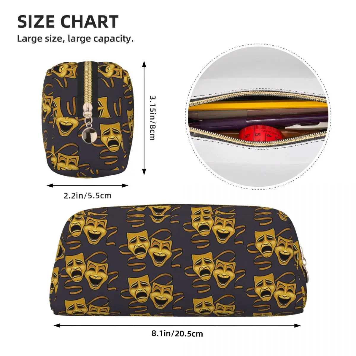 Gold Comedy And Tragedy Theater Masks Pencil Cases Student School Pen Box Pencil Bag Pencil Pouch Storage Stationery Supplies view 4