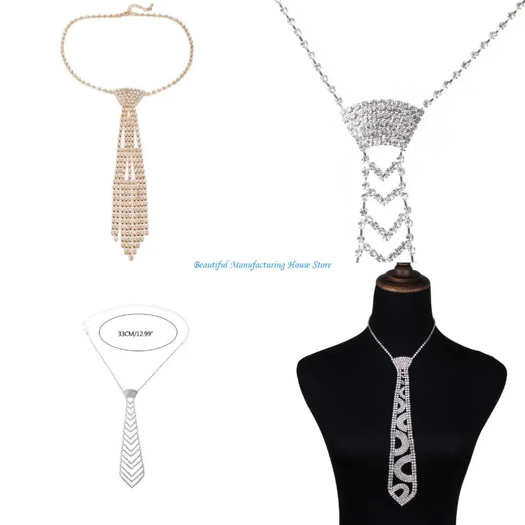 E56A Women Glitter Faux Crystal for Rhinestone Neck Tie Luxury Diamond Jewelry Necklace Collar with Adjustable Chain Wedding