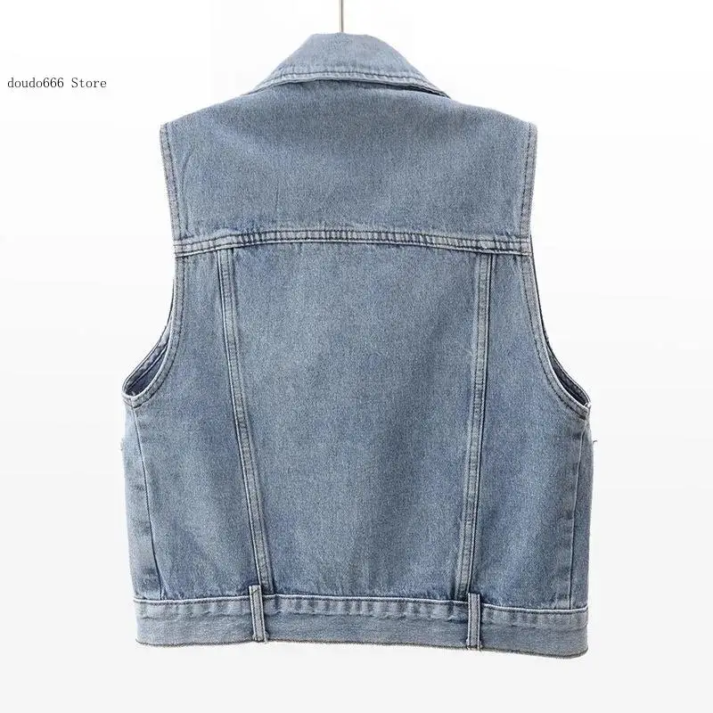 Sleeveless Loose Short Blue Denim Coat Causal Waistcoats Autumn Women Vest Jacket Beading Jeans Jacket