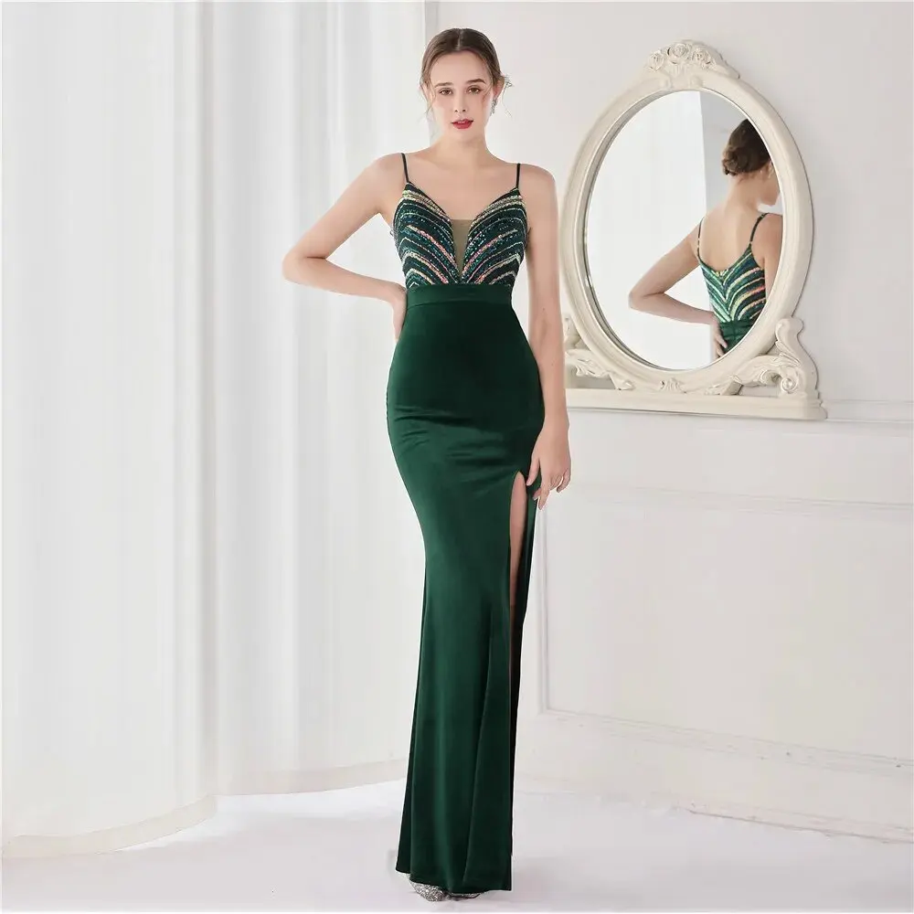 Green Long Mermaid Dress Evening Stretch Velour Sequins Floor Length Backless Charming Wedding Party Women Formal Gowns In