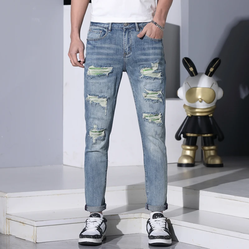 Ripped Jeans Men\'s Summer Thin Elastic Soft Comfortable Breathable Street Fashion Slim Fit Skinny Blue Casual Pants