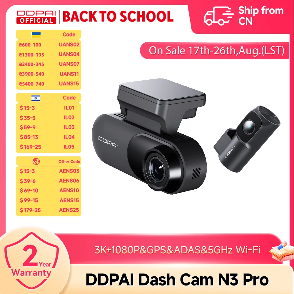 Câmera Veicular DDPAI Mola N3 Pro, Gravador de Carro Frontal e Traseiro, Câmera DVR 3K com GPS e Monitoramento de Estacionamento 24H