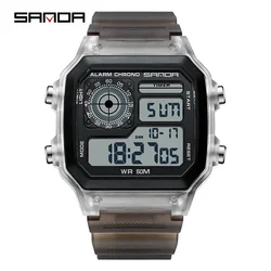 SANDA 6133 Men's Square Electronic Watch Youth Fashion with Transparent Silicone Strap Wristwatches for Male Student