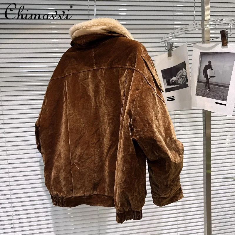 2025 Winter New American Retro Fleece Turn-down Collar Suede Warm Loose Cotton Jacket Fashion Long Sleeve Elegant Cotton Coat
