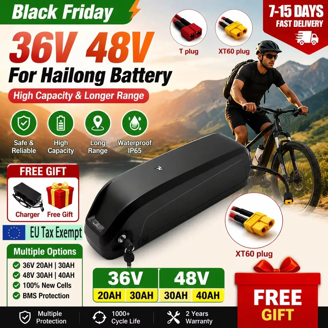 Consegna da magazzino locale, batteria al litio per e-bike Hailong 48V 40000mAh, BMS intelligente 30A 40A originale per batteria e-bike, kit di conversione per bicicletta elettrica 250W 500W 1000W,