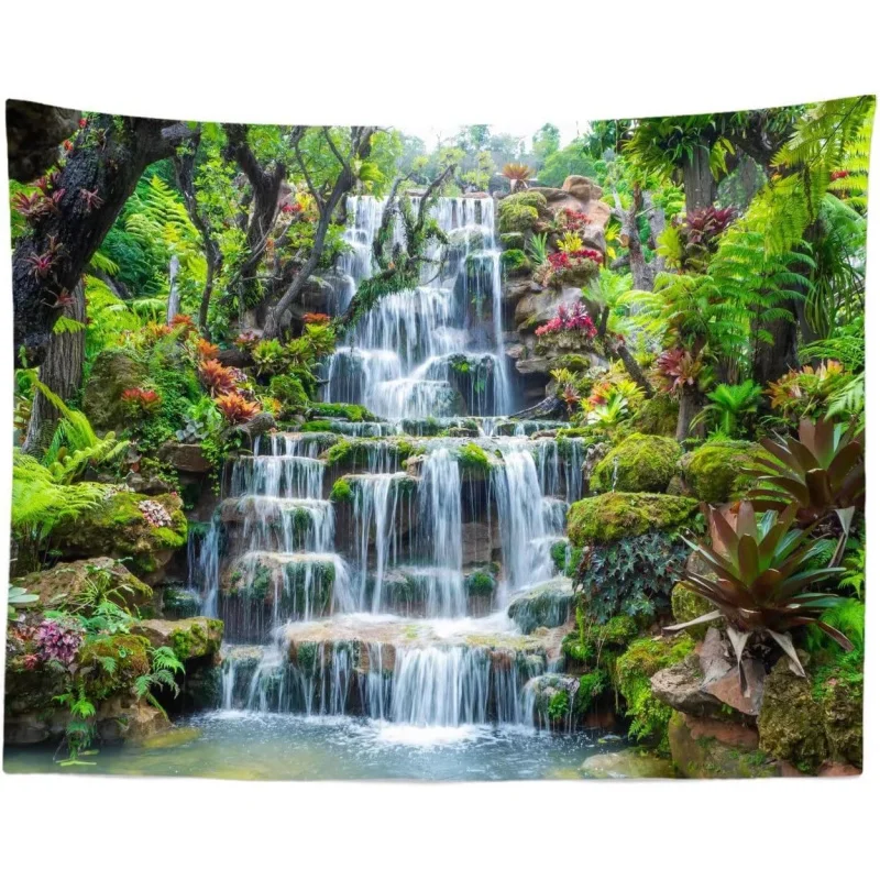 VIKAMA Wandteppich mit Wald- und Garten-Wasserfall-Motiv, Bergfelsen, fließende Wasserlandschaft, Heimdekoration