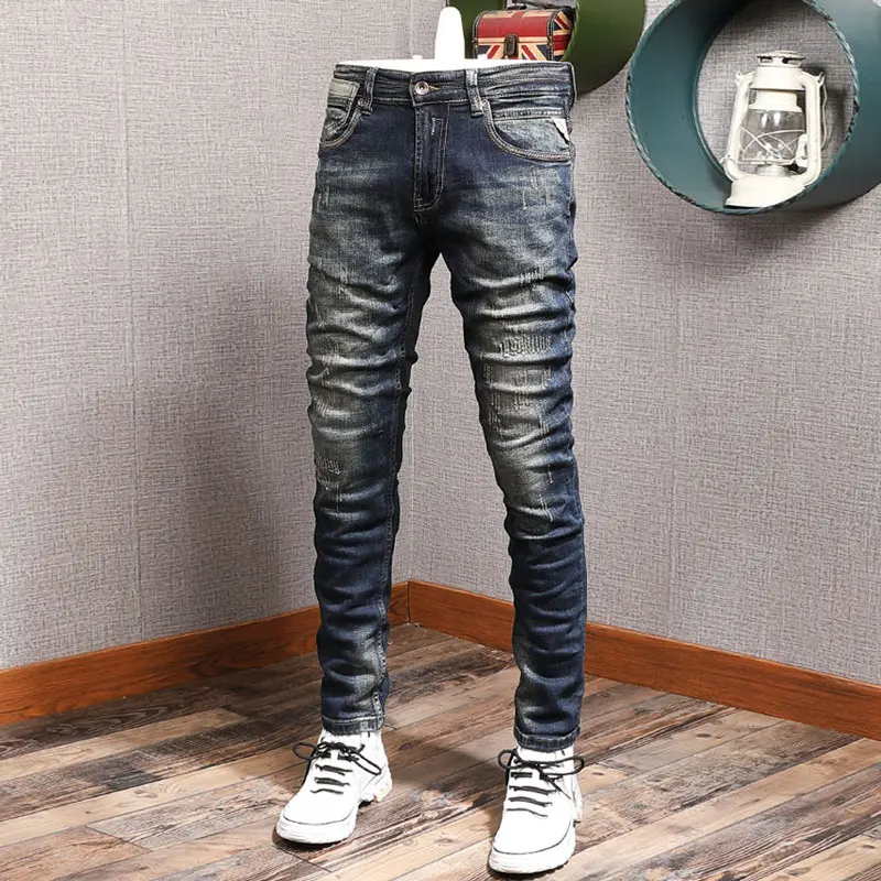 YMen's Elastic Slim Fit Jeans Hombre Fashionable Nostalgic Washed Blue Italian Style Retro High-Quality PantsK
