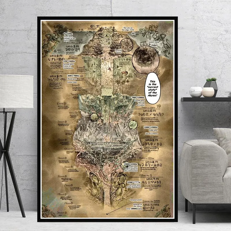 Vintage Made In Abyss Anime Movie Map Canvas Posters  Prints  Decorative Wall Art for Living Room  Home Decor  Unique Wall Pictu