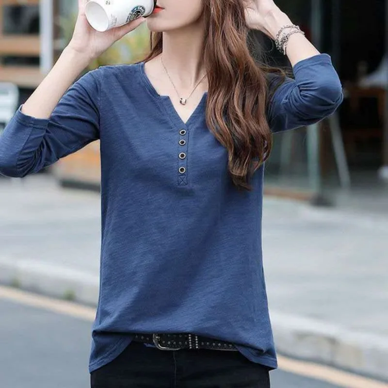 Elegant Fashion Harajuku Slim Fit Female Clothes Loose Casual All Match Tshirts Solid Button Patchwork Long Sleeve T-shirts