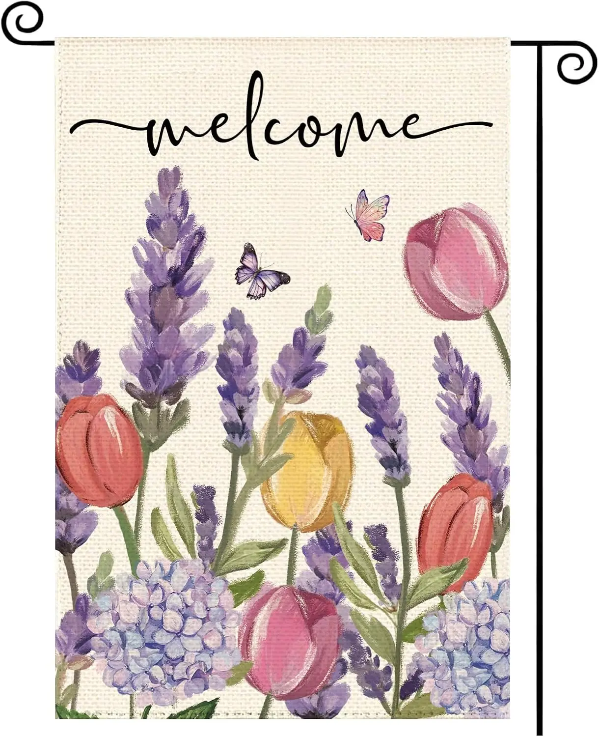Spring Summer Tulips Hydrangeas Welcome Garden Flag 12 x 18 Inch Double Sided, Lavender Floral Butterflies Burlap Small Yard ZZM