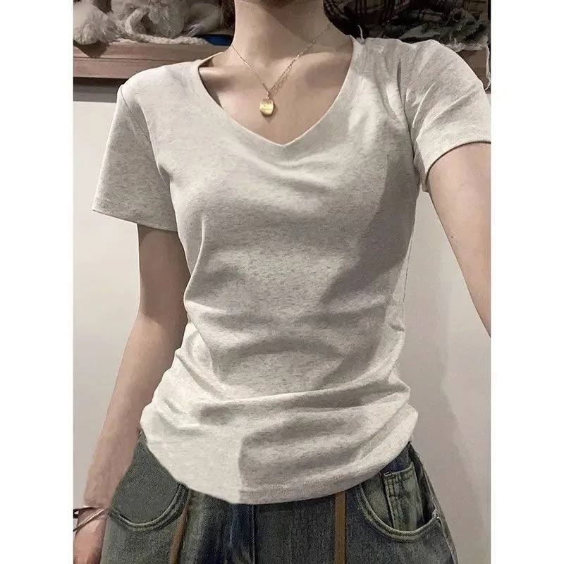 

2025 Fashion Women T-shirt Summer Short SLeeve Cotton V-neck Casual Tops Elegant Solid Color Clothing