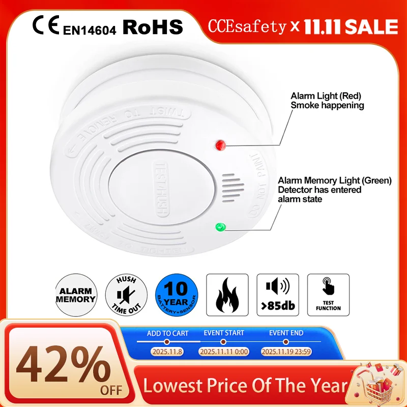 

Детектор дыма 10-летний датчик дыма Независимая пожарная сигнализация CE EN14604 Сертифицированный светодиодный индикатор батареи CR123A Домашняя безопасность