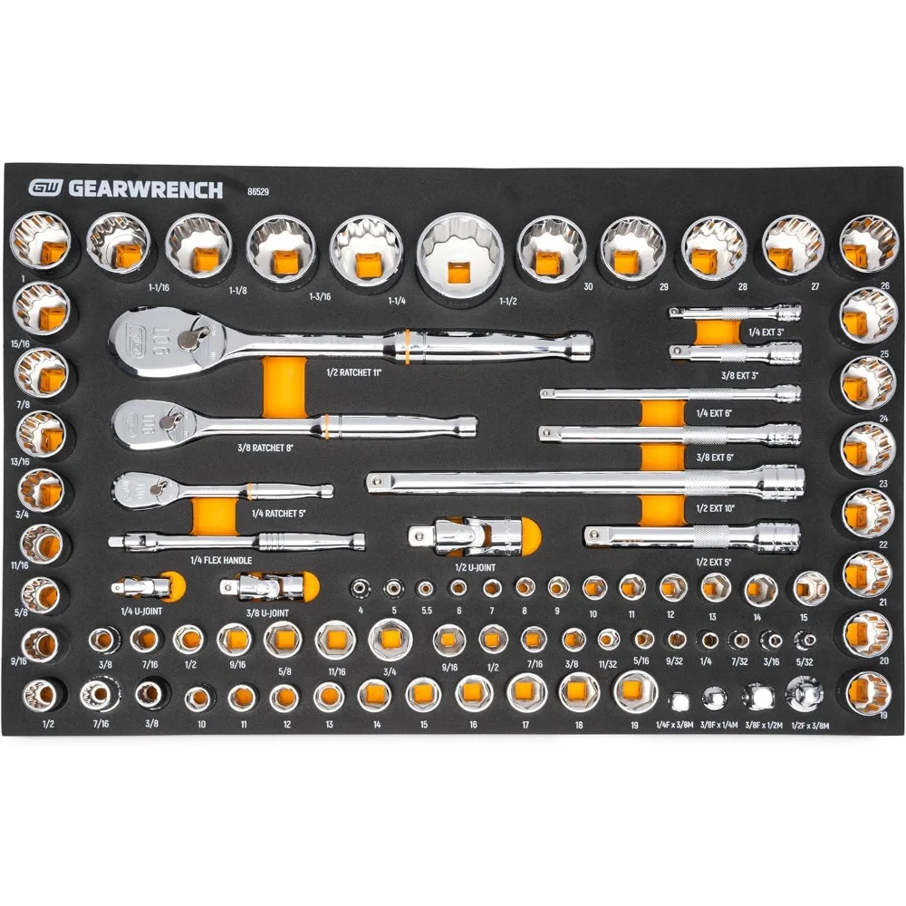 

GEARWRENCH 83 Pc. 1/4, 3/8", 1/2" 90-Tooth SAE/Metric Mechanics Tool Set with EVA Foam Tray - 86529